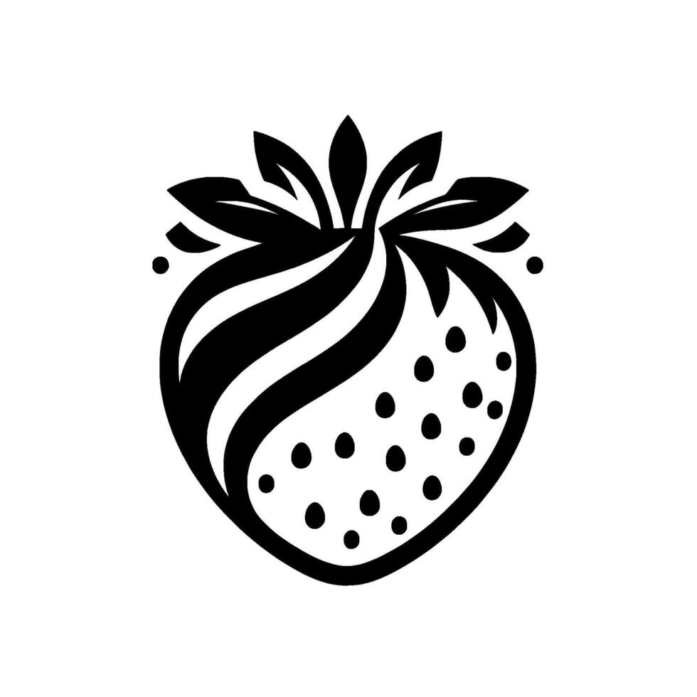 A bold, black and white stylized illustration of a strawberry, featuring stripped details and subtle seed pips, on a white background. vector