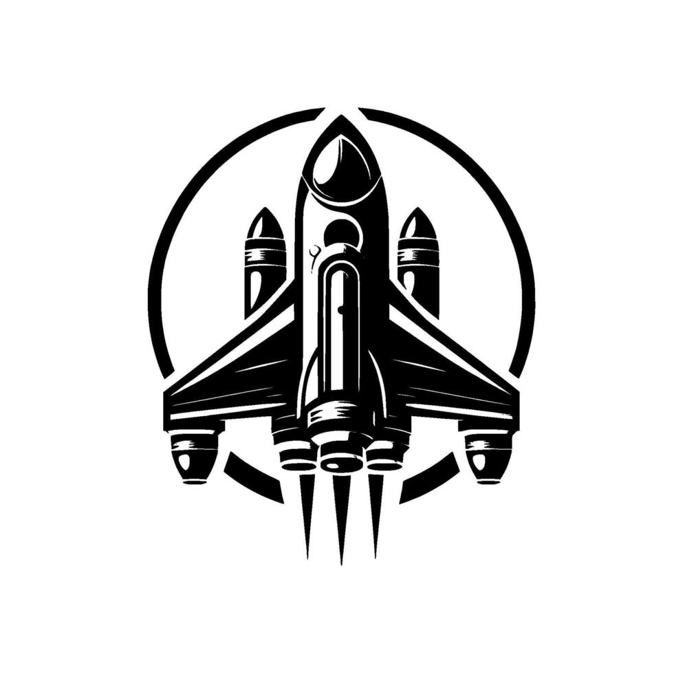 Retro black white illustration of a space shuttle emerging from a circle, evoking classic scifi designs. vector