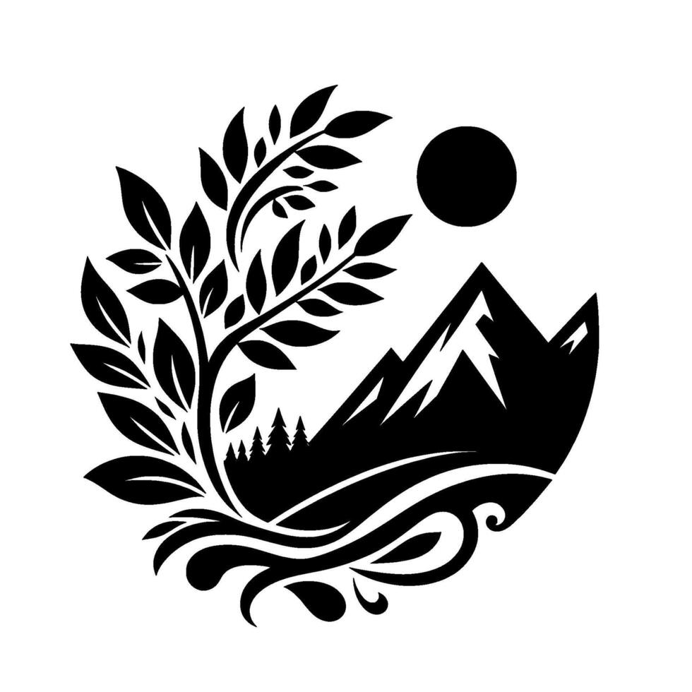 Abstract black and white minimalist nature scene in a circle featuring a tree, mountains, a sun, and decorative water waves. vector