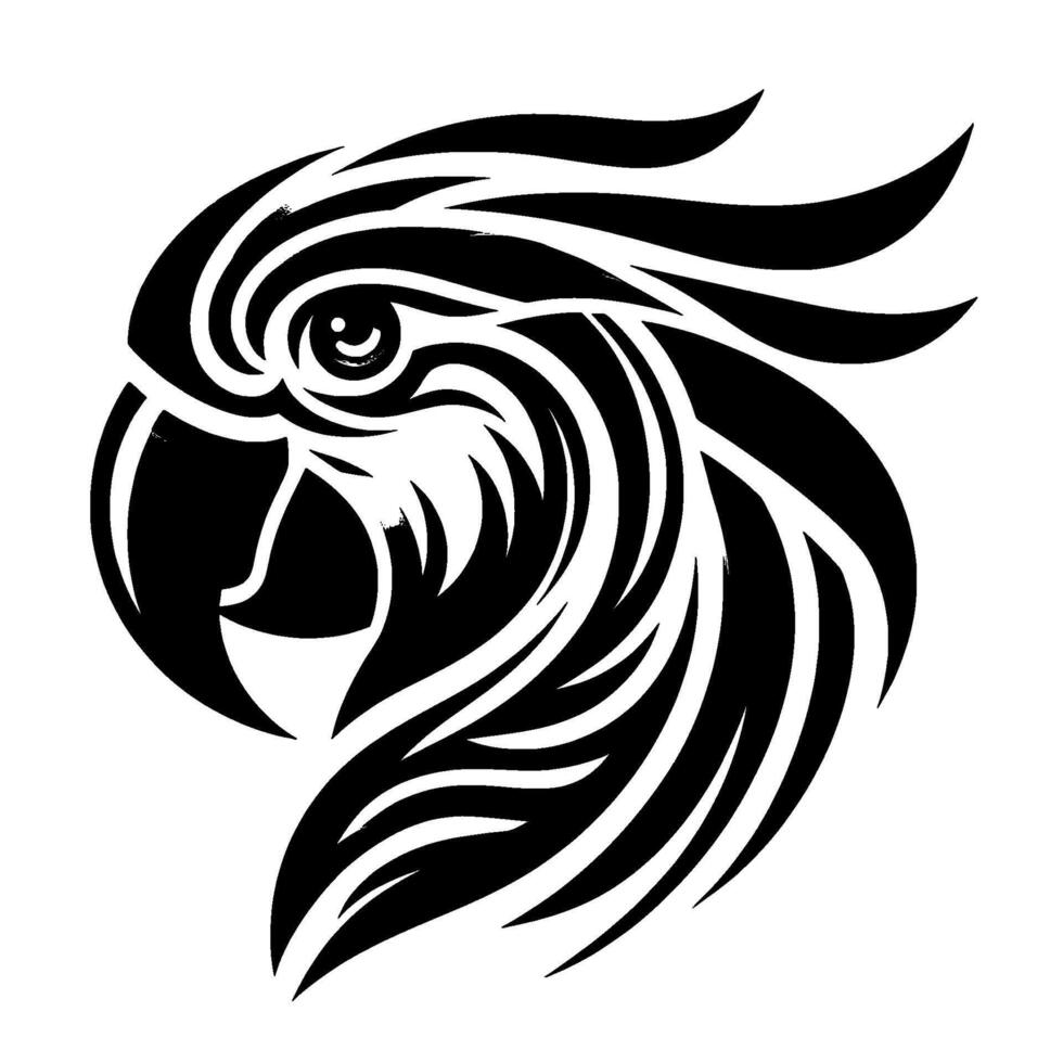 Striking black and white illustration of a parrot head, featuring bold lines and geometric forms on a clean white background. vector