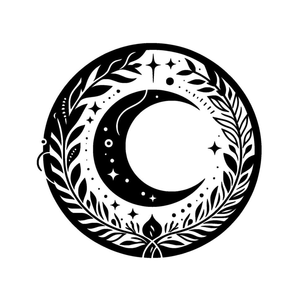 Black and white circular illustration of a crescent moon embraced by a botanical wreath and sparkling stars on white background, in minimalist style. vector