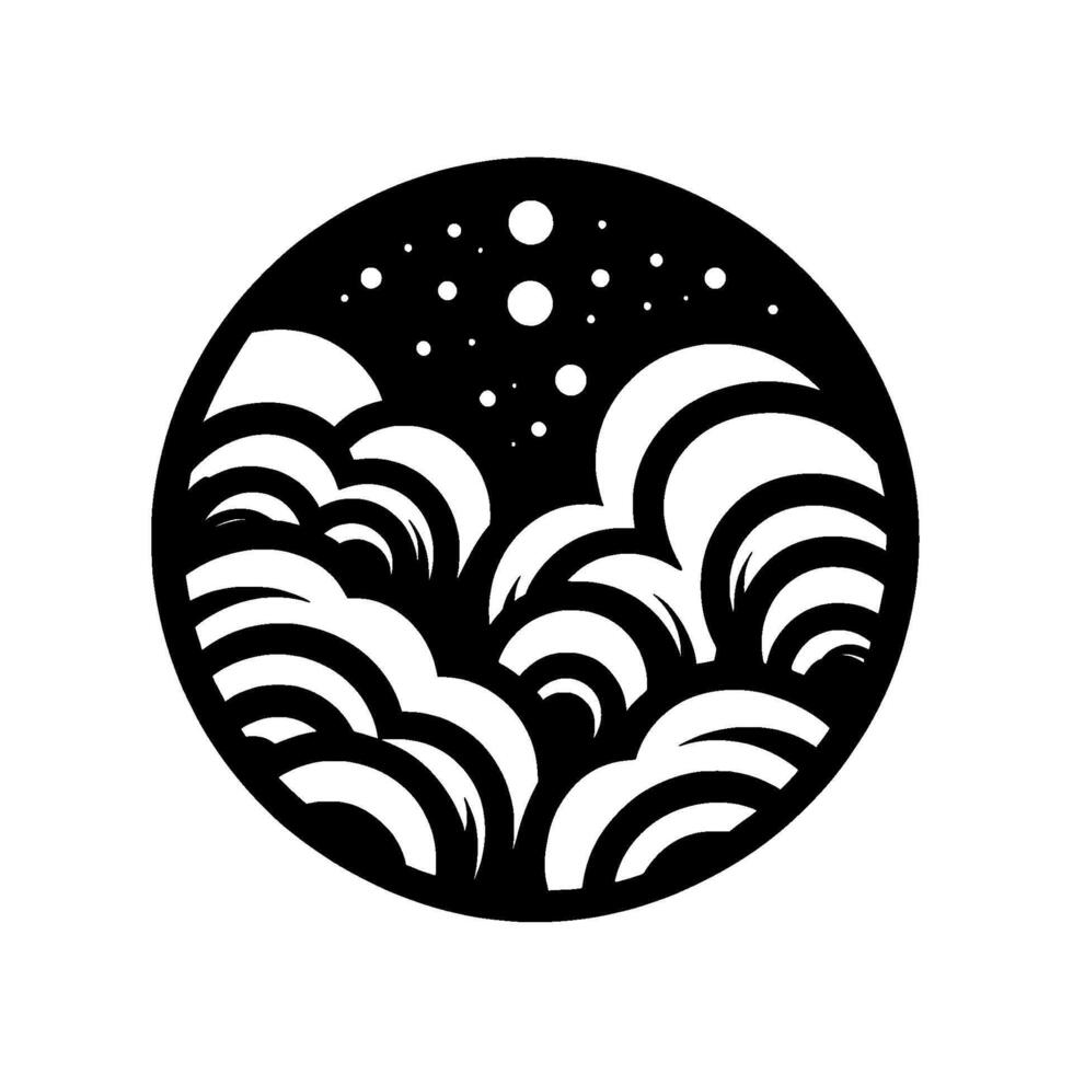 A minimalist, circular black and white artwork depicting stylized ocean waves and bubbles. vector