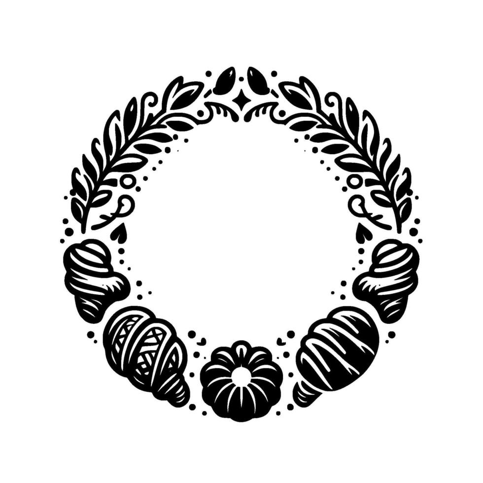 Elegant black and white circular wreath featuring pastries, leaves, and floral motifs for bakery design. vector