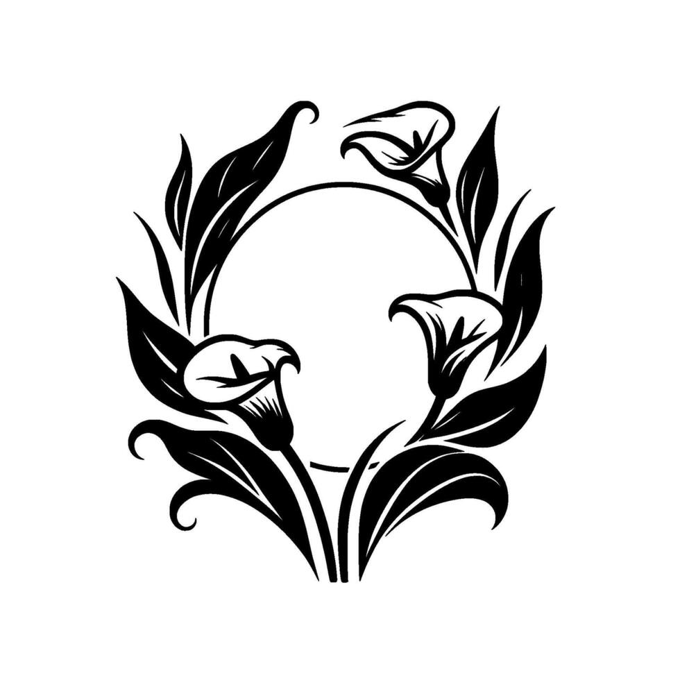 Elegant black and white floral emblem featuring a circular frame adorned with calla lilies and leaves. vector