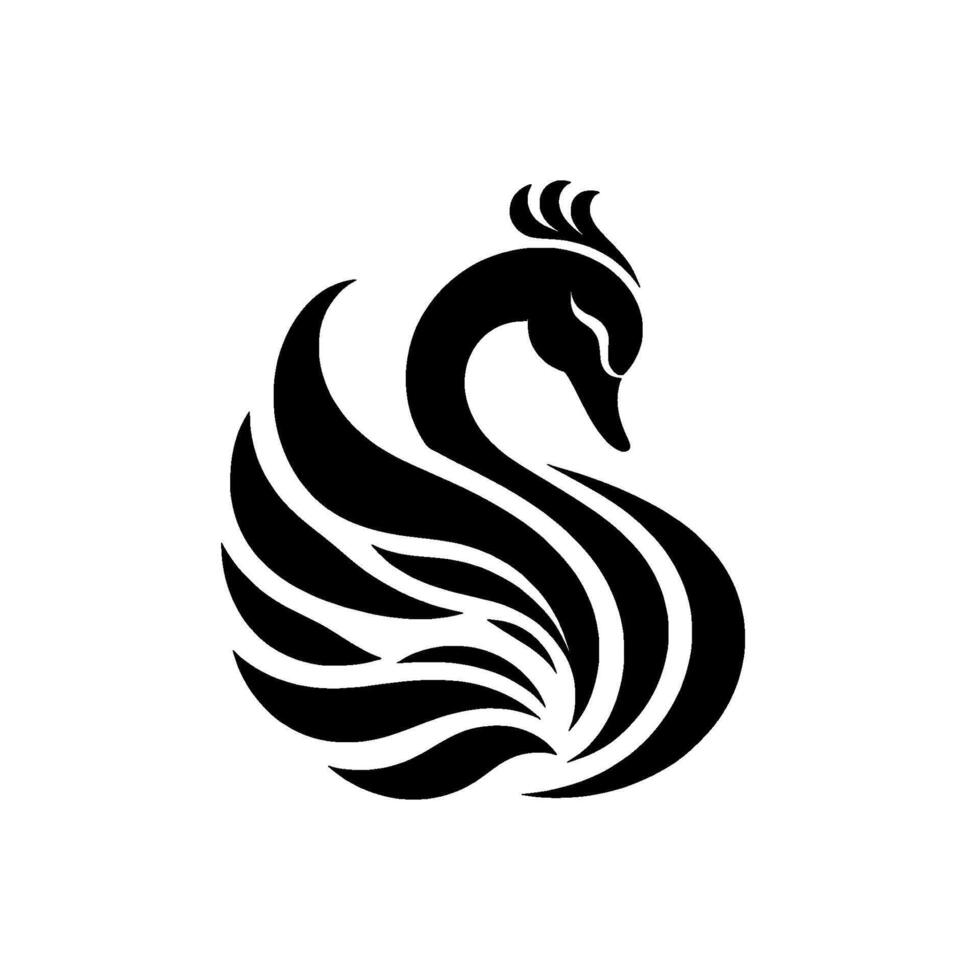 Graceful black swan silhouette with detailed feather against a clean white background elegant, minimalist logo. vector