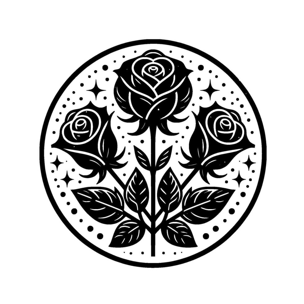 Black and white rose mandala a symmetrical floral featuring three stylized roses within a circle, surrounded by dots and stars, creating an elegant and timeless emblem. vector