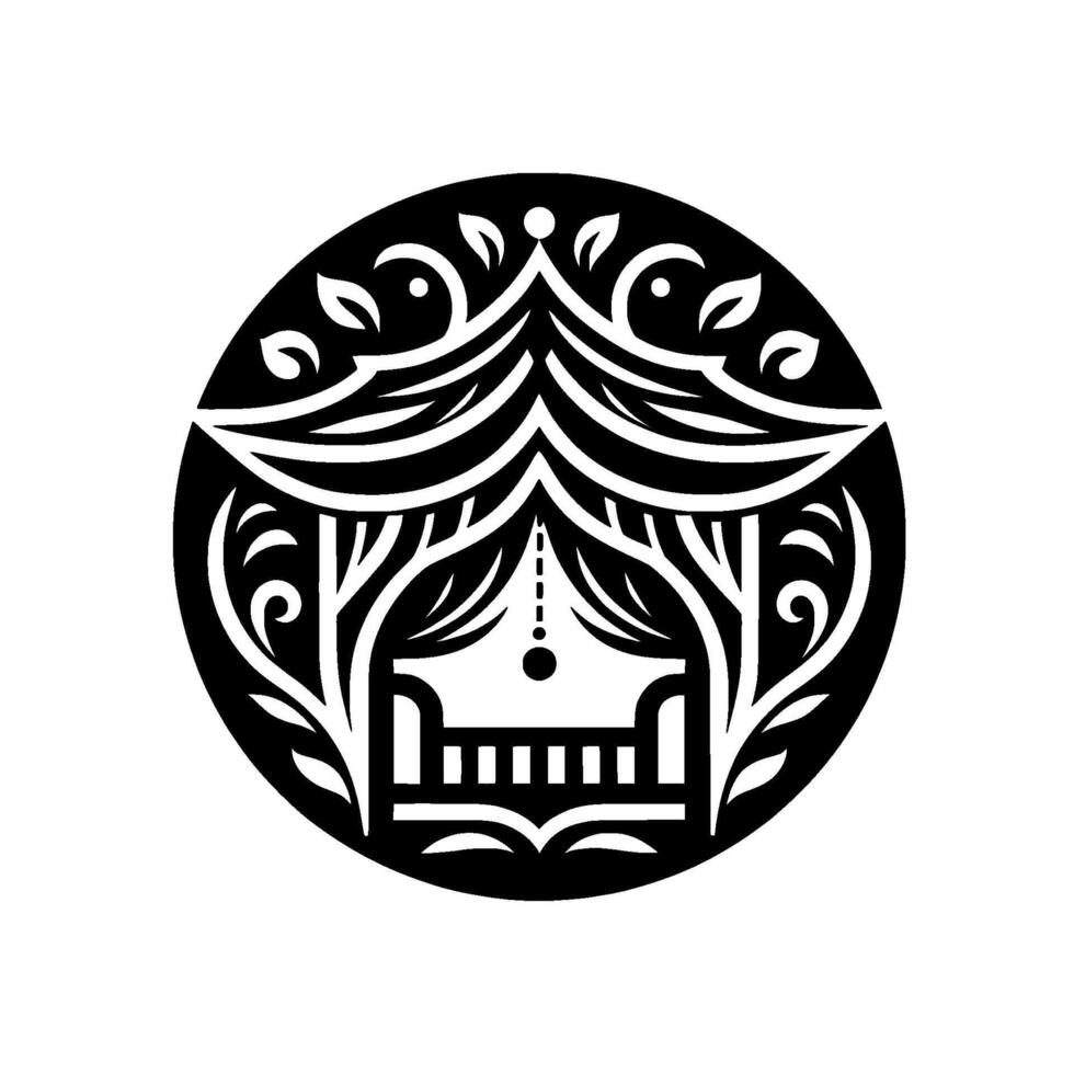 Elegant black and white circular illustration of an ornamental gazebo with leafy accents, intricate symmetry, and a modern aesthetic. vector