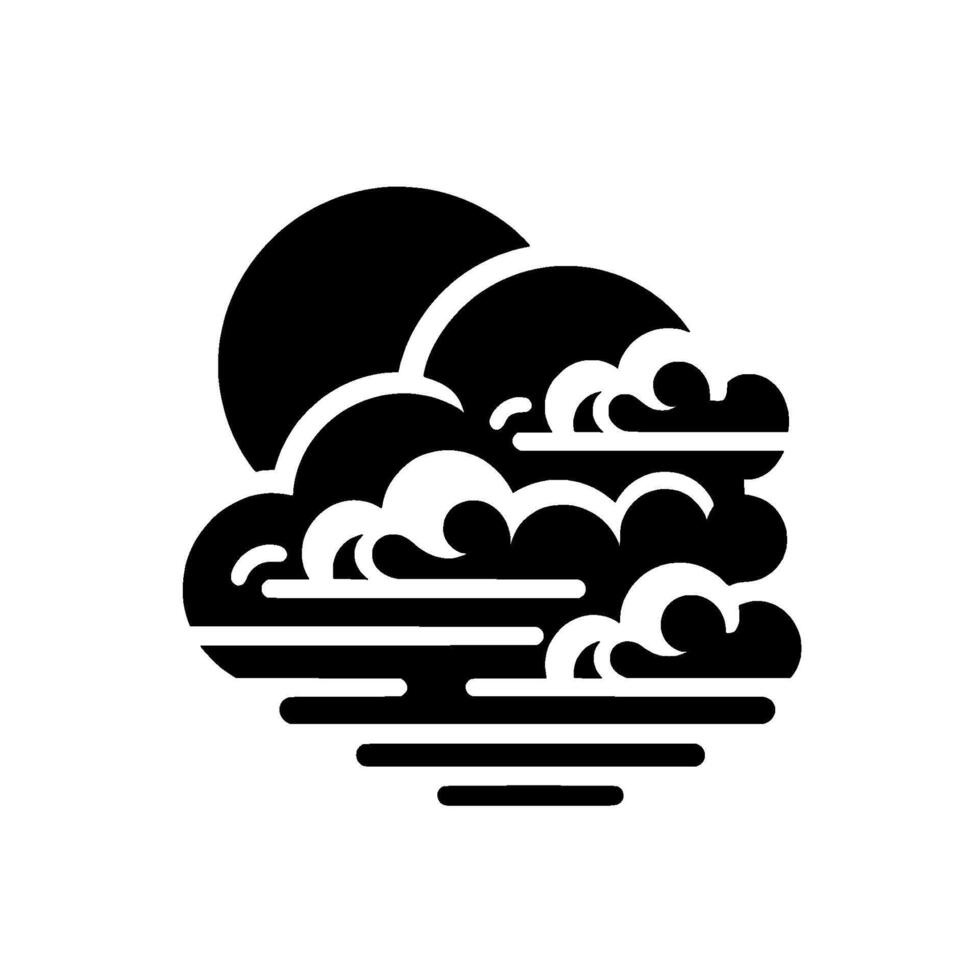 Minimalist black and white illustration of a sunrise or sunset over stylized ocean waves and clouds, conveying serenity. vector