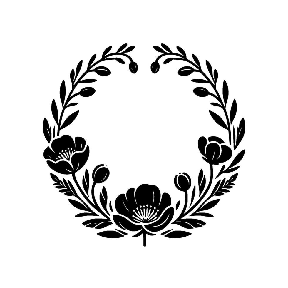 Elegant black and white floral wreath illustration, featuring poppies, buds, and foliage in a symmetrical, circular design. vector