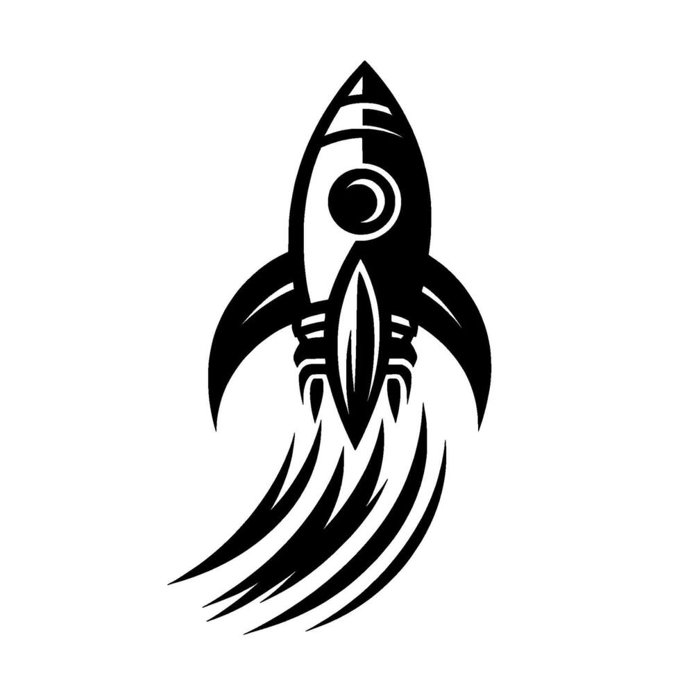 A bold black and white stylized rocket launching upwards with flames trailing, set against a stark white background. vector