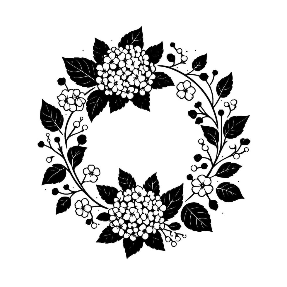 Elegant black white floral wreath hydrangeas, leaves, berries, and delicate flowers in a circular arrangement on white vector