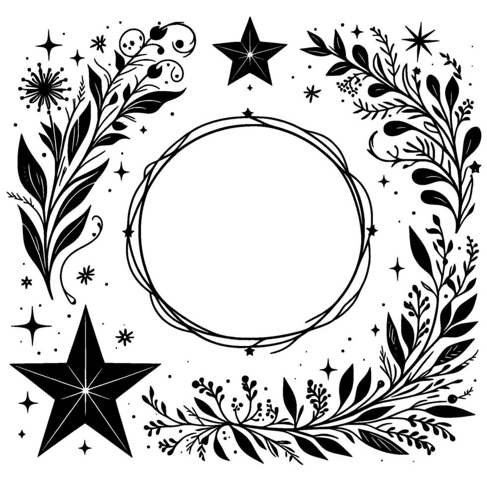 Black and white floral frame with stars, a central circle, and detailed botanical on a white background. vector