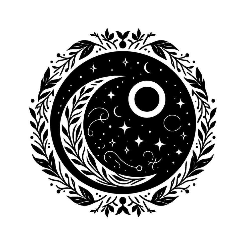 Celestial botanical yinyang a stylized black and white circle featuring crescent moon, stars, and foliage. vector