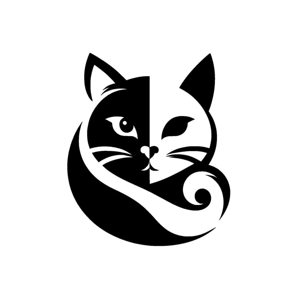 A stylized, symmetrical, black and white cat illustration. one half black, the other white. the tail curls in a swirl. vector