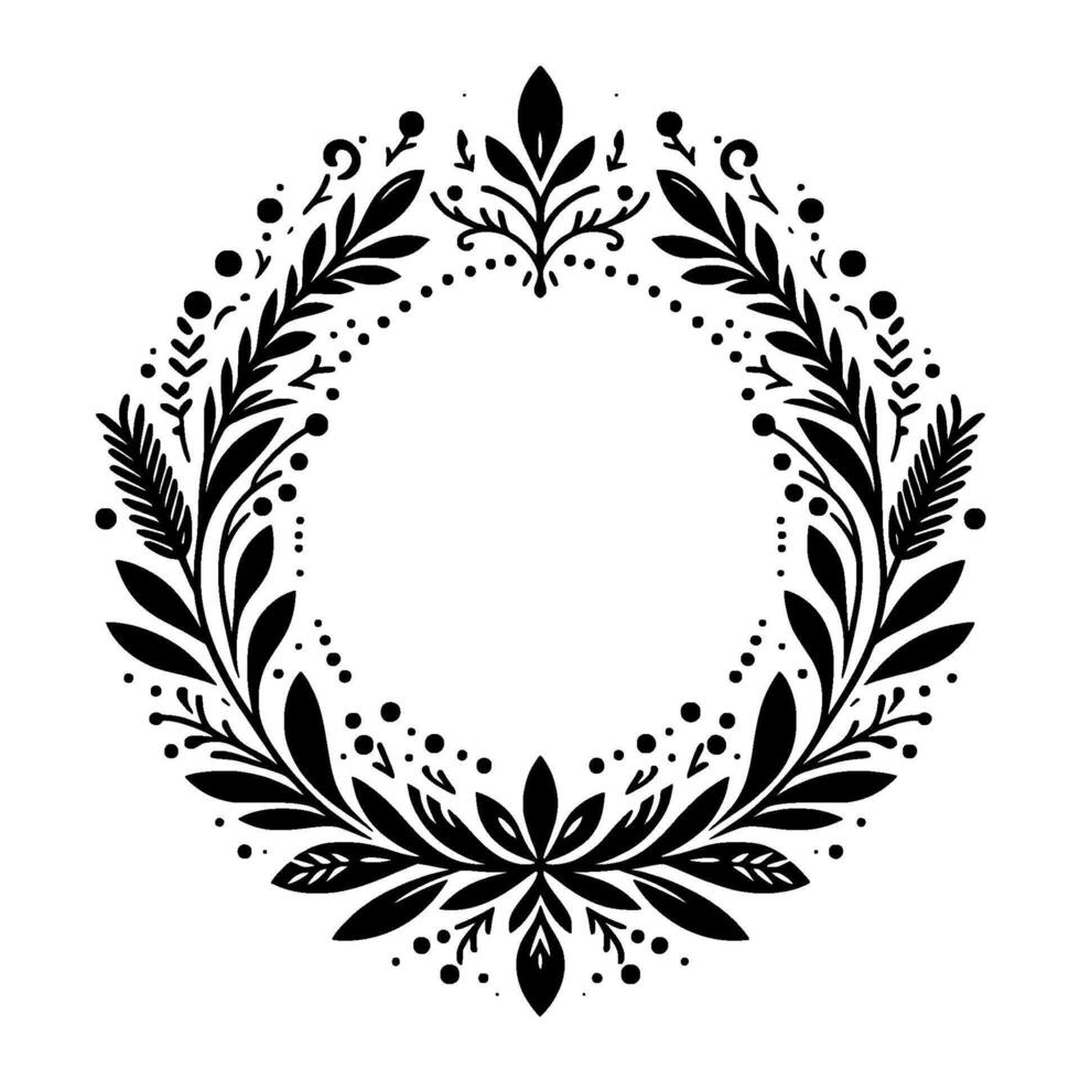 Ornate black botanical wreath on white background, featuring leaves, berries, and floral elements, creating a circular frame for text or imagery. vector