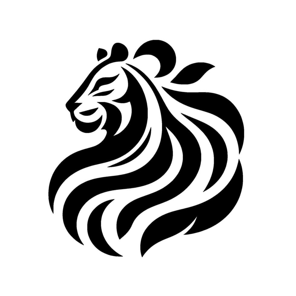 Minimalist black and white illustration of a regal lions head with flowing mane and floral accents vector