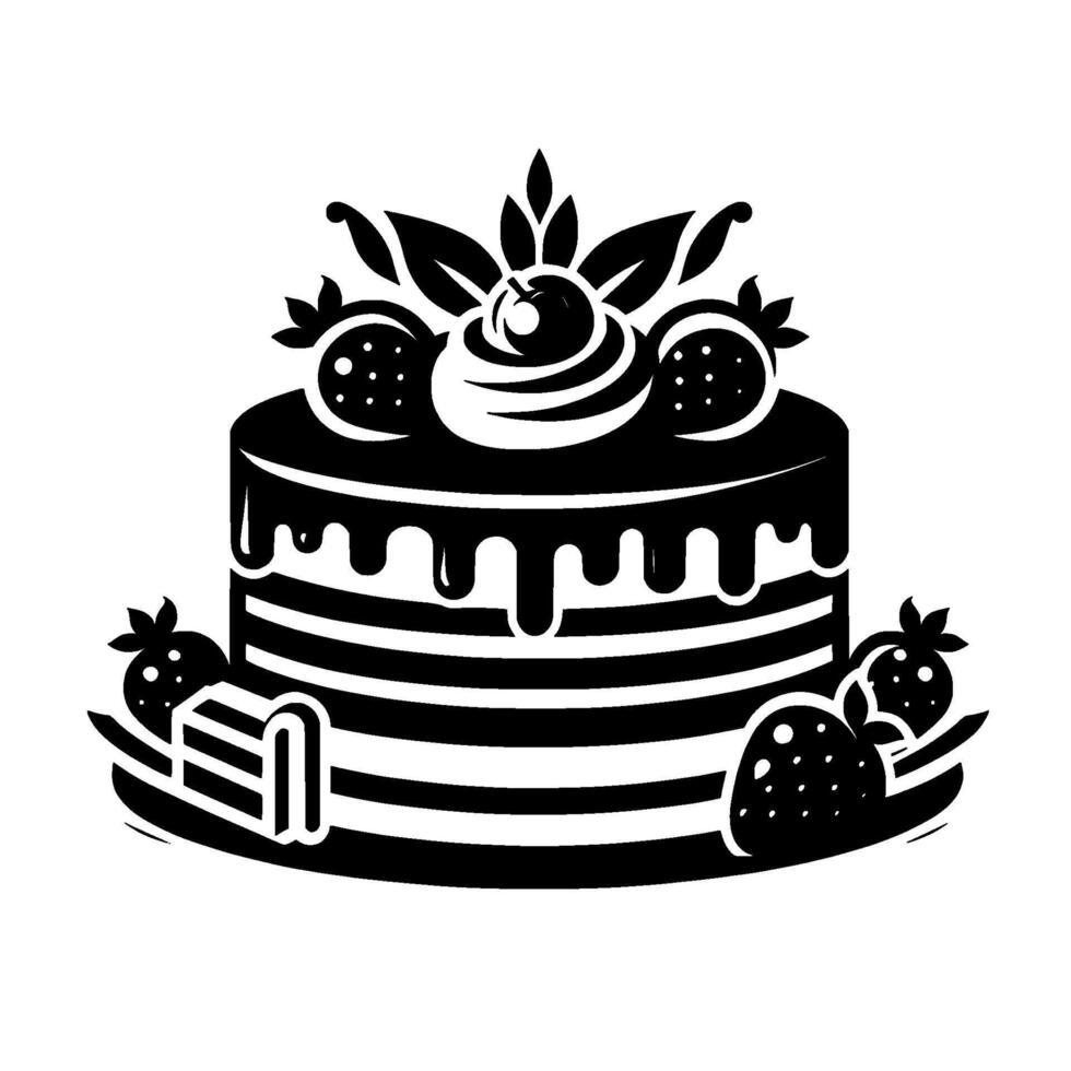 Elegant black and white illustration of a layered cake decorated with strawberries, drizzled glaze, and floral accents, depicting a sweet treat. vector