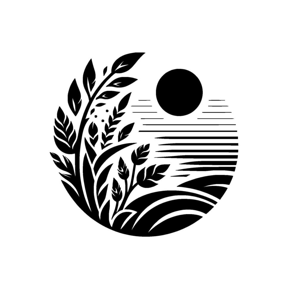 Circular black and white landscape botanical illustration with foliage, horizon, and sun against a plain white background. vector