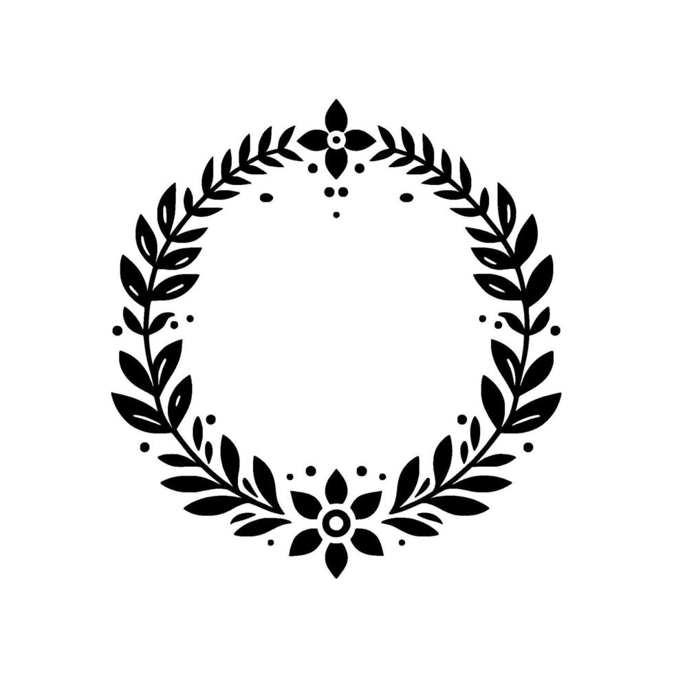 Elegant black white circular floral wreath with leafy branches and decorative flower accents on a clean white background. vector