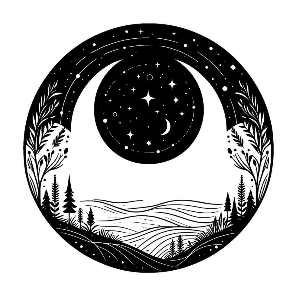 Circular monochrome illustration of night landscape with stars, crescent moon, trees, and detailed floral edges. vector