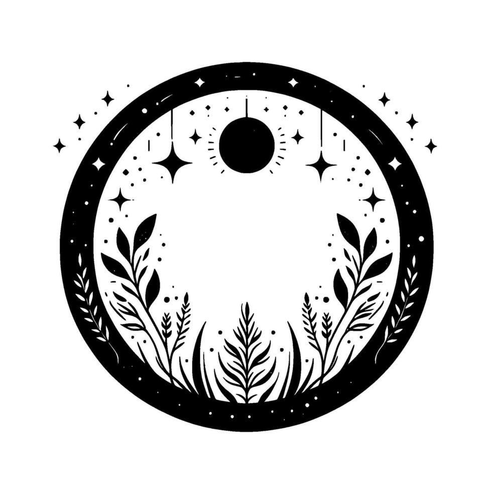 Circular monochrome botanical illustration featuring a central plant framed by stars, a moon, and hanging celestial elements, evoking a whimsical, celestial ambiance. vector