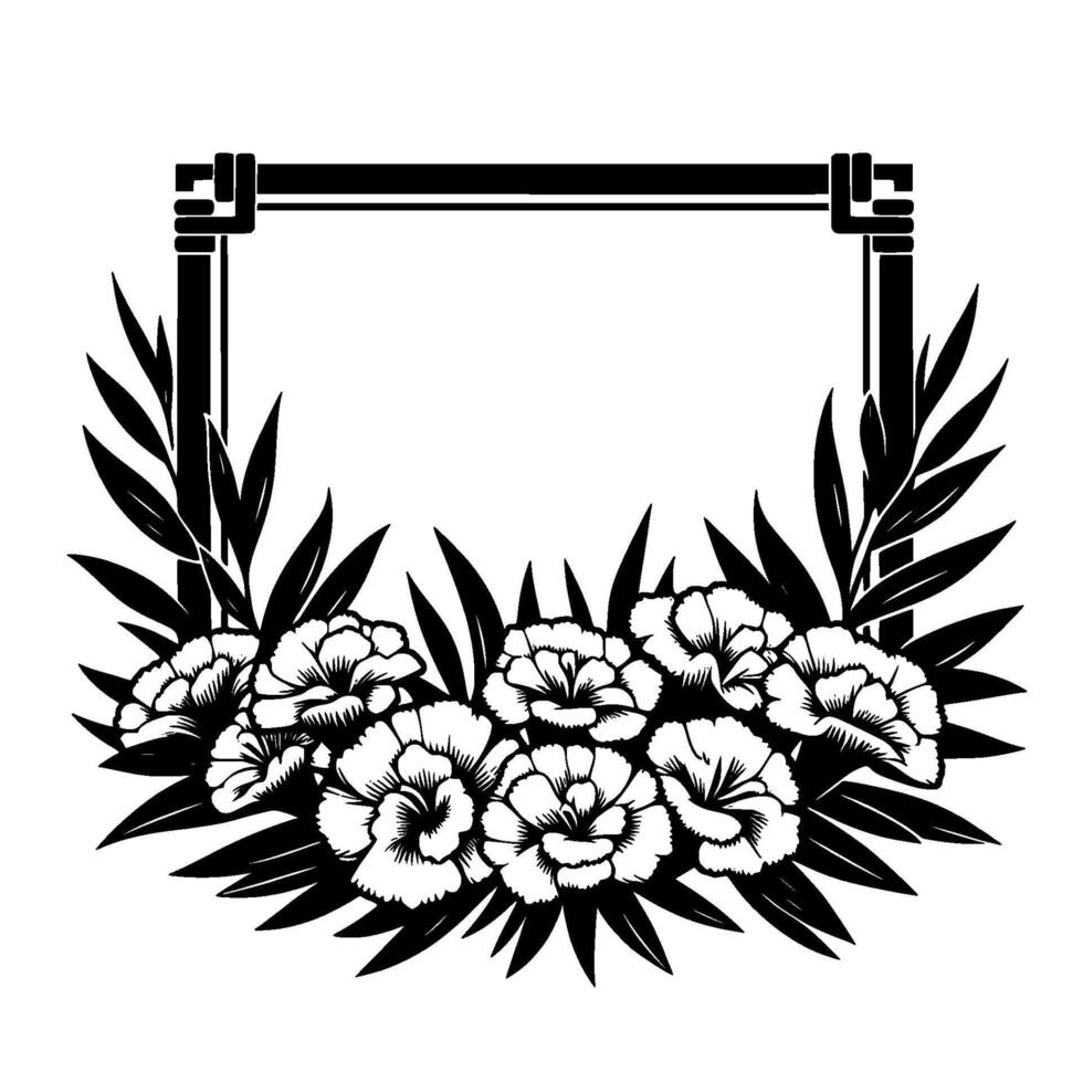 Elegant black and white floral design, featuring carnations and leaves framing a minimalist rectangle, creating a and stylized composition. vector