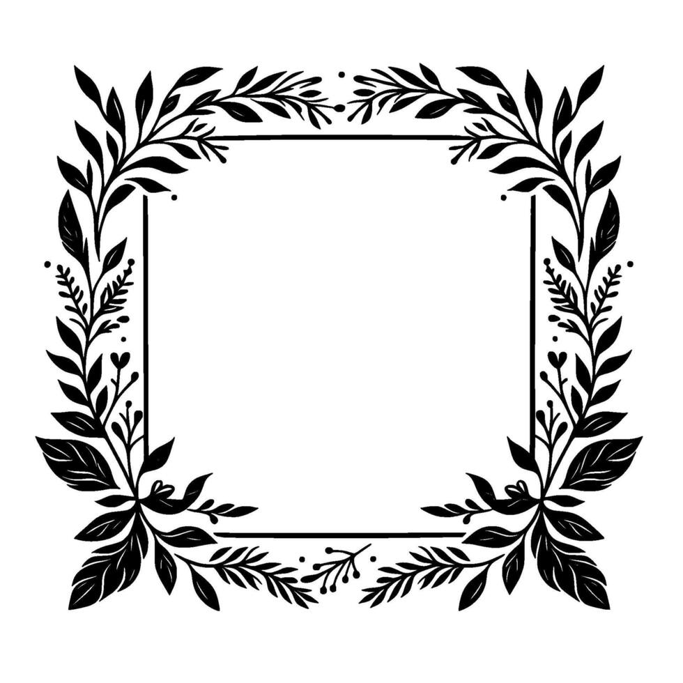 Elegant black and white floral square frame with leaves and berries for decoration and invitation design. vector