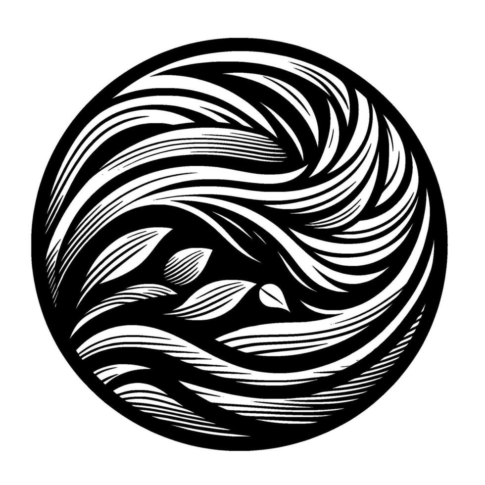 Circular black and white artistic illustration flowing lines and leaf elements in a stylized within a geometric frame. vector