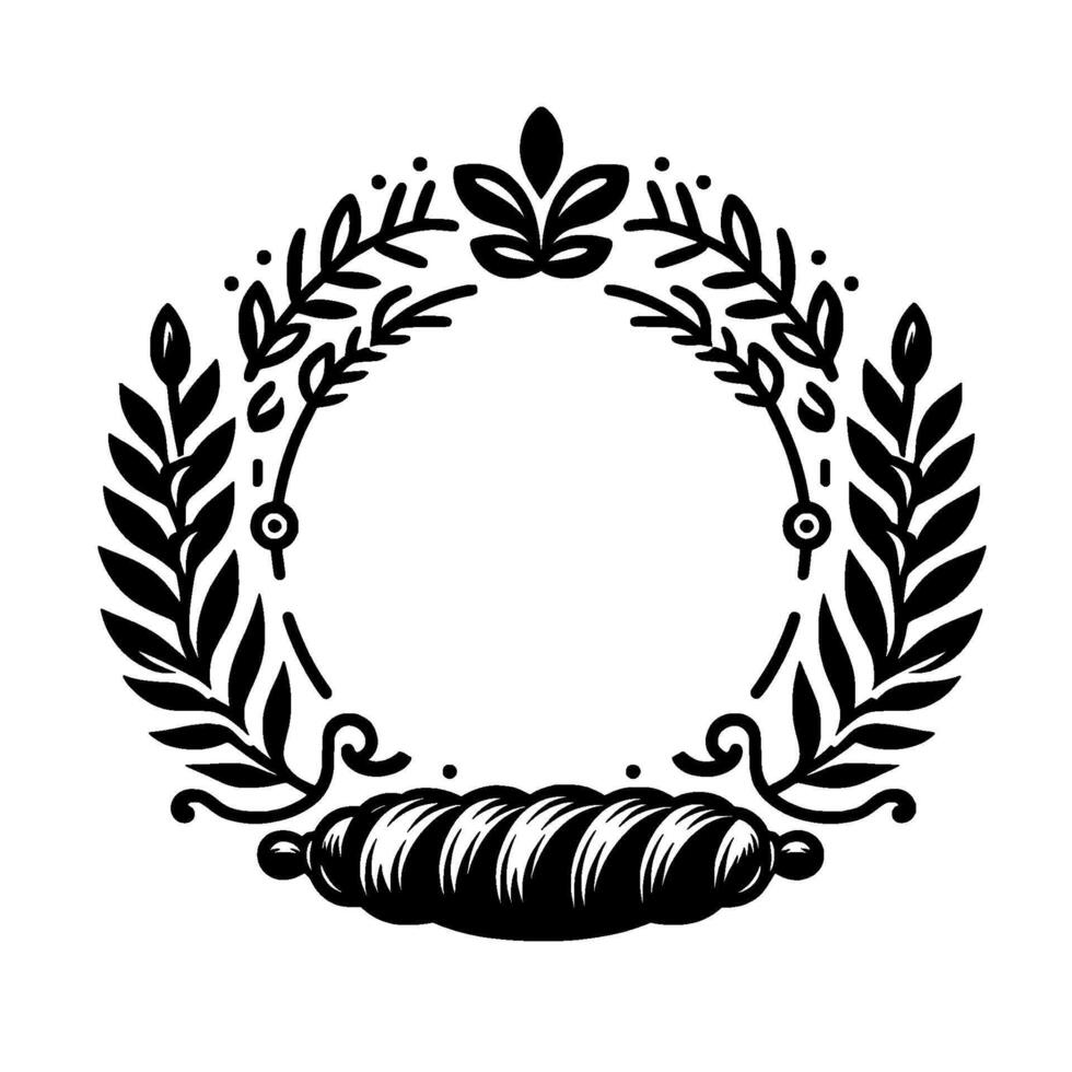 Ornate, monochrome wreath featuring laurel leaves and a breadlike scroll at the base, perfect for frames or logos. vector