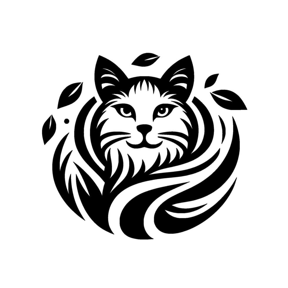 Stylized black and white cat face surrounded by decorative swirls and leaf accents, circular composition. vector