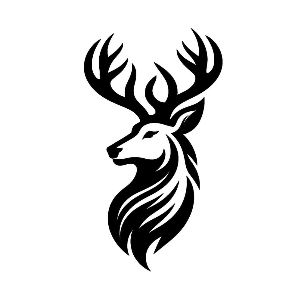 Sleek black and white silhouette of a regal deer head with intricate antlers and ornate neck pattern, isolated on white. vector