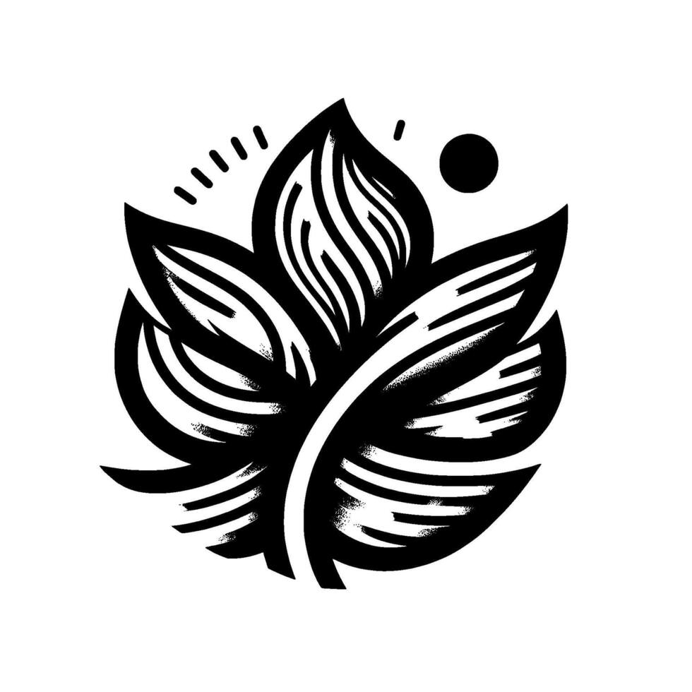 Black and white geometric floral design a stylized leaf motif with linear textures and dot accents on a minimalist white background, reminiscent of modern art. vector