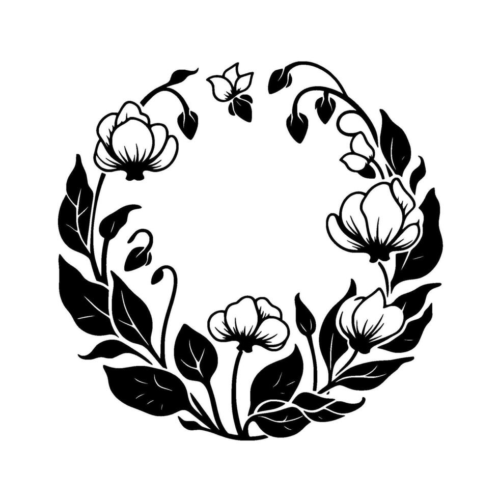 Elegant black and white floral wreath simplified, stylized botanical illustration with open flower blossoms, leaves, and buds arranged in a circular frame on a white background, evoking a classic aes vector
