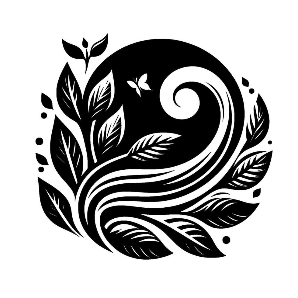 Artistic, circular black and white illustration with a butterfly, flowing lines, and stylized leaves, creating a natural, decorative motif. vector