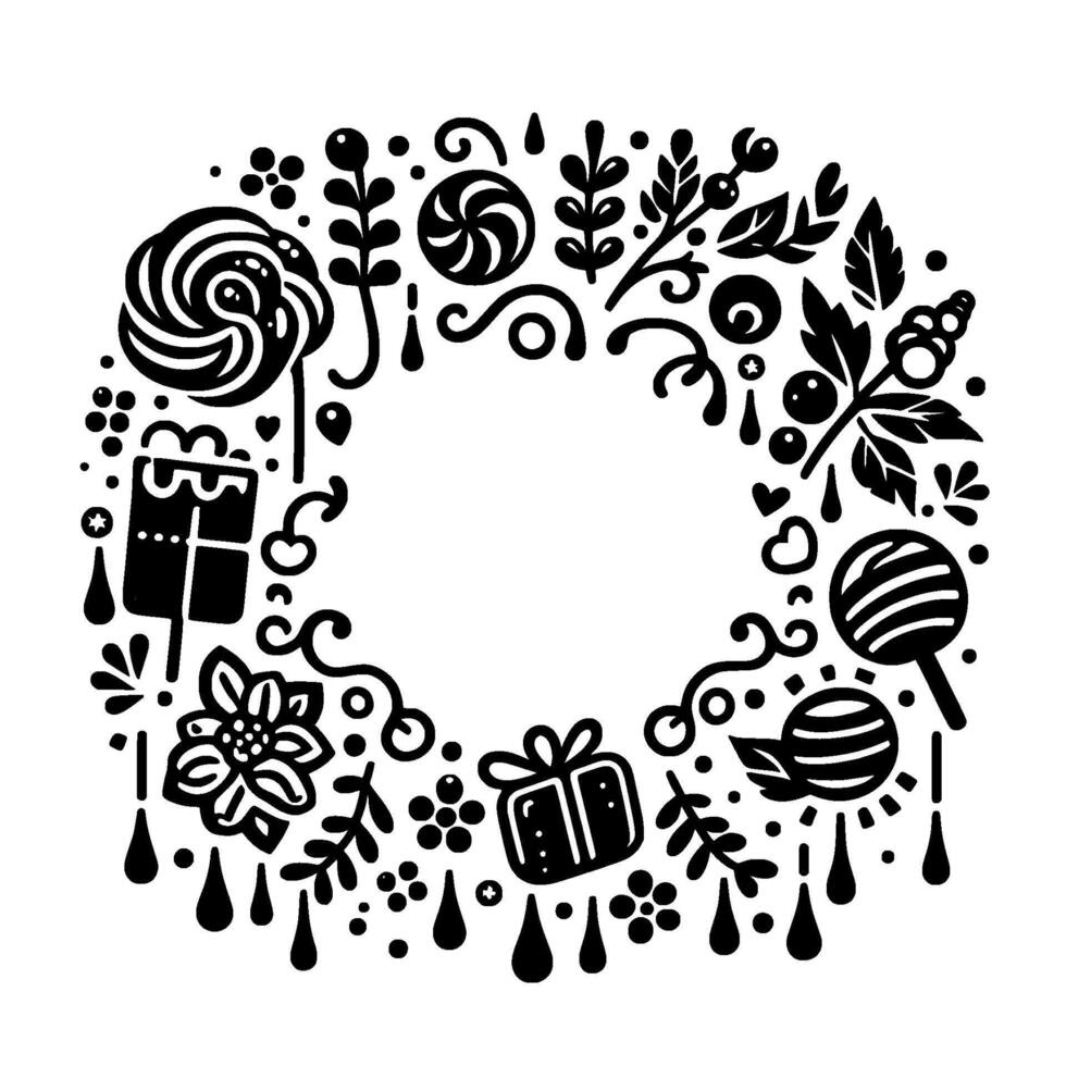 Monochromatic festive wreath black and white illustration of candies, gifts, and floral elements arranged in a circular with a white center. vector