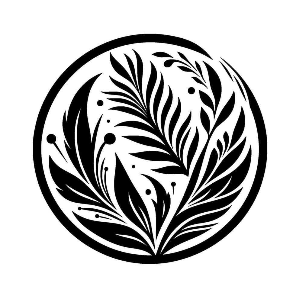 Stylized black and white floral in a circle detailed arrangement of leaves, berries, and branches, modern minimalist art. vector