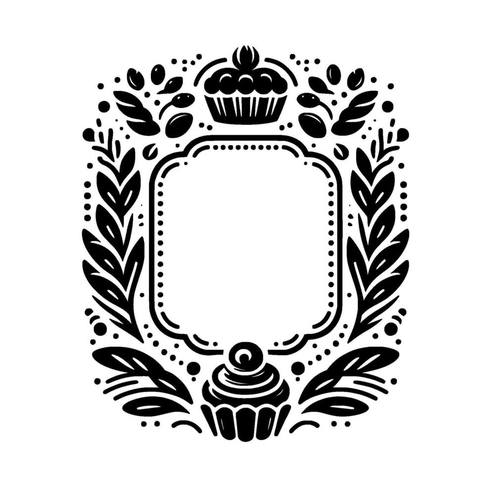 Black white flourish design dessertthemed frame, cupcakes, leaf motifs, and dotted border for elegant embellishment. vector
