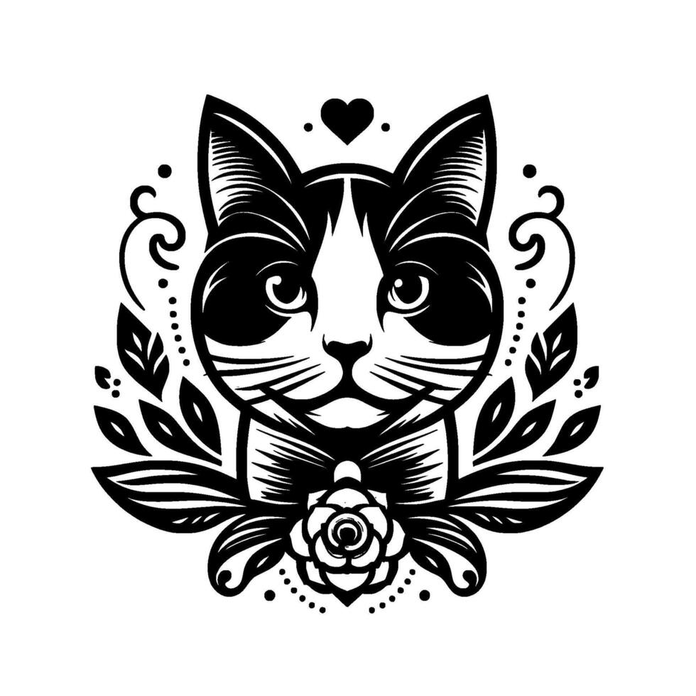 Artistic, monochrome illustration of a tuxedo cat face adorned with floral embellishments, heart, and elegant elements. vector