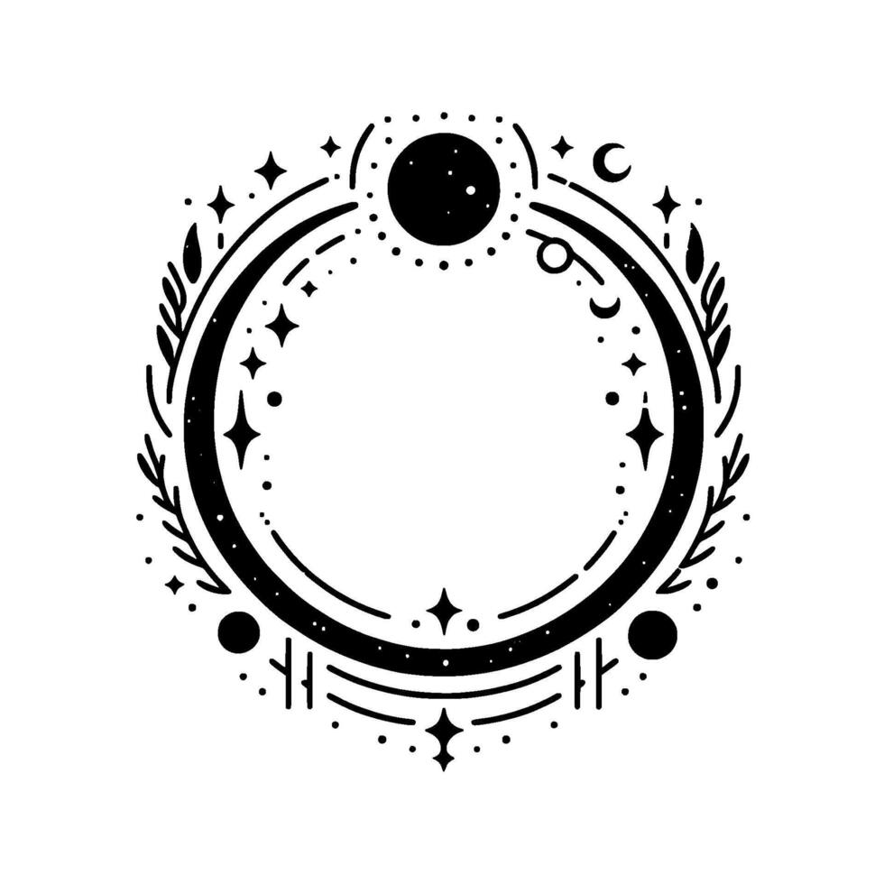 Celestial emblem intricate black white circular featuring stars, moon phases, leaves, and dotted elements in minimalist style, representing cosmic balance. vector