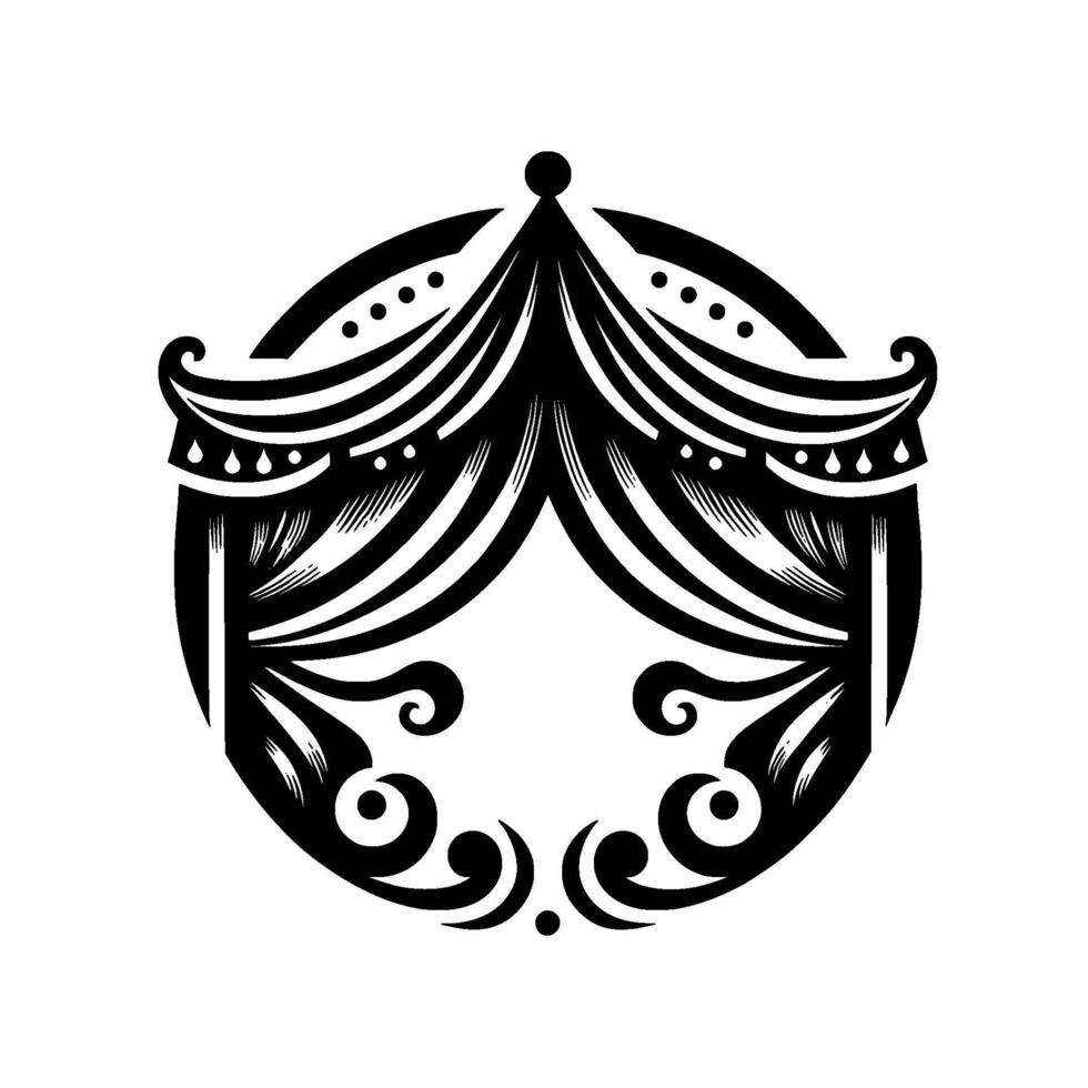 Intricate black and white illustration of an ornate, circusinspired tent structure contained within a circular frame, evoking elegance. vector