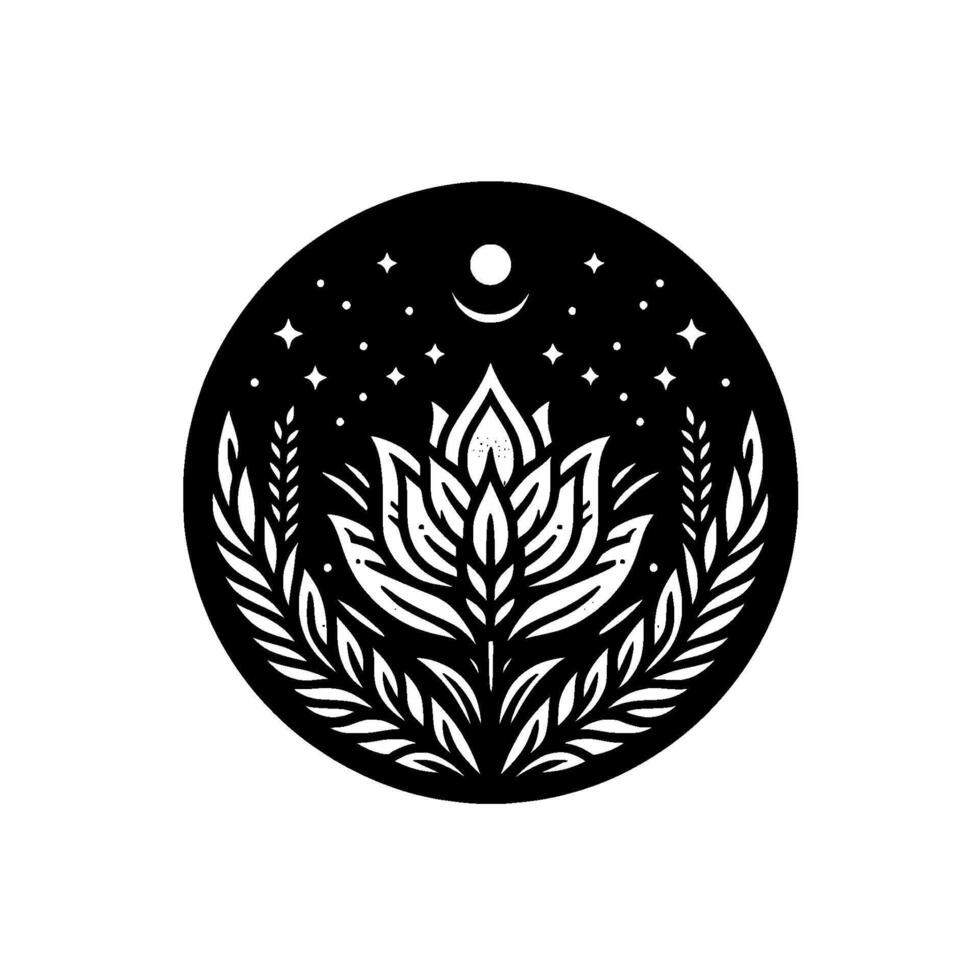 Serene black and white circular featuring a lotus flower beneath a crescent moon and a starry sky, emphasizing natures calmness. vector