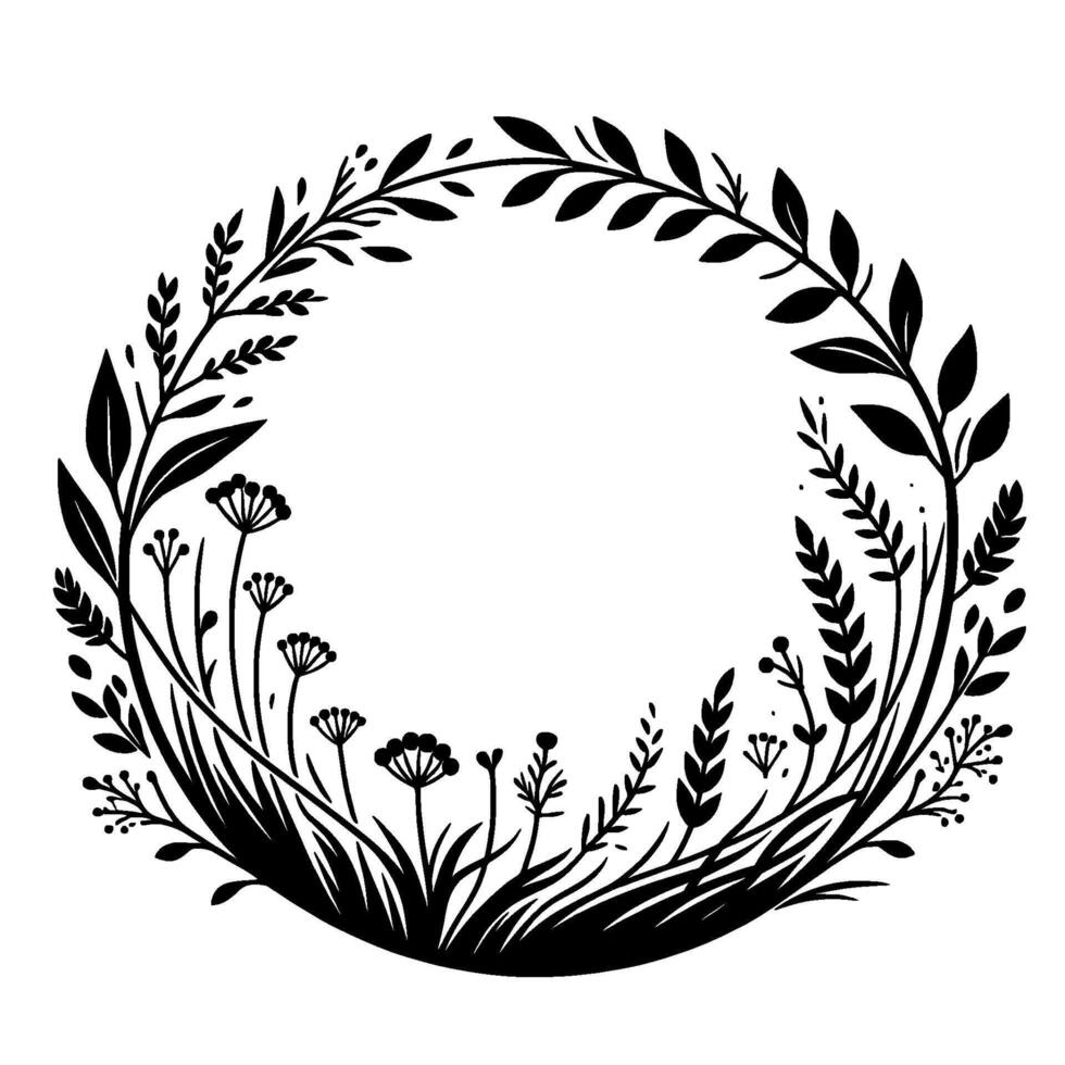 Minimalist black and white floral wreath with detailed botanical illustrations, decorative circle design, elegant nature frame. vector