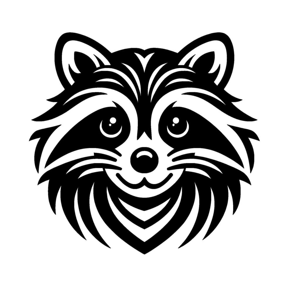 Smiling raccoon head a stylized black and white illustration featuring a friendly raccoon face, showcasing clean lines and a minimalist aesthetic. vector