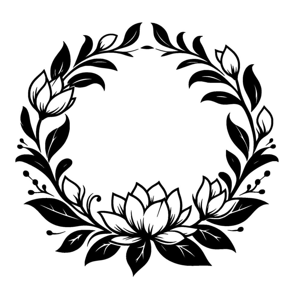 Black and white floral wreath featuring lotus flowers, buds, and leafy foliage, centered on a white backdrop. vector