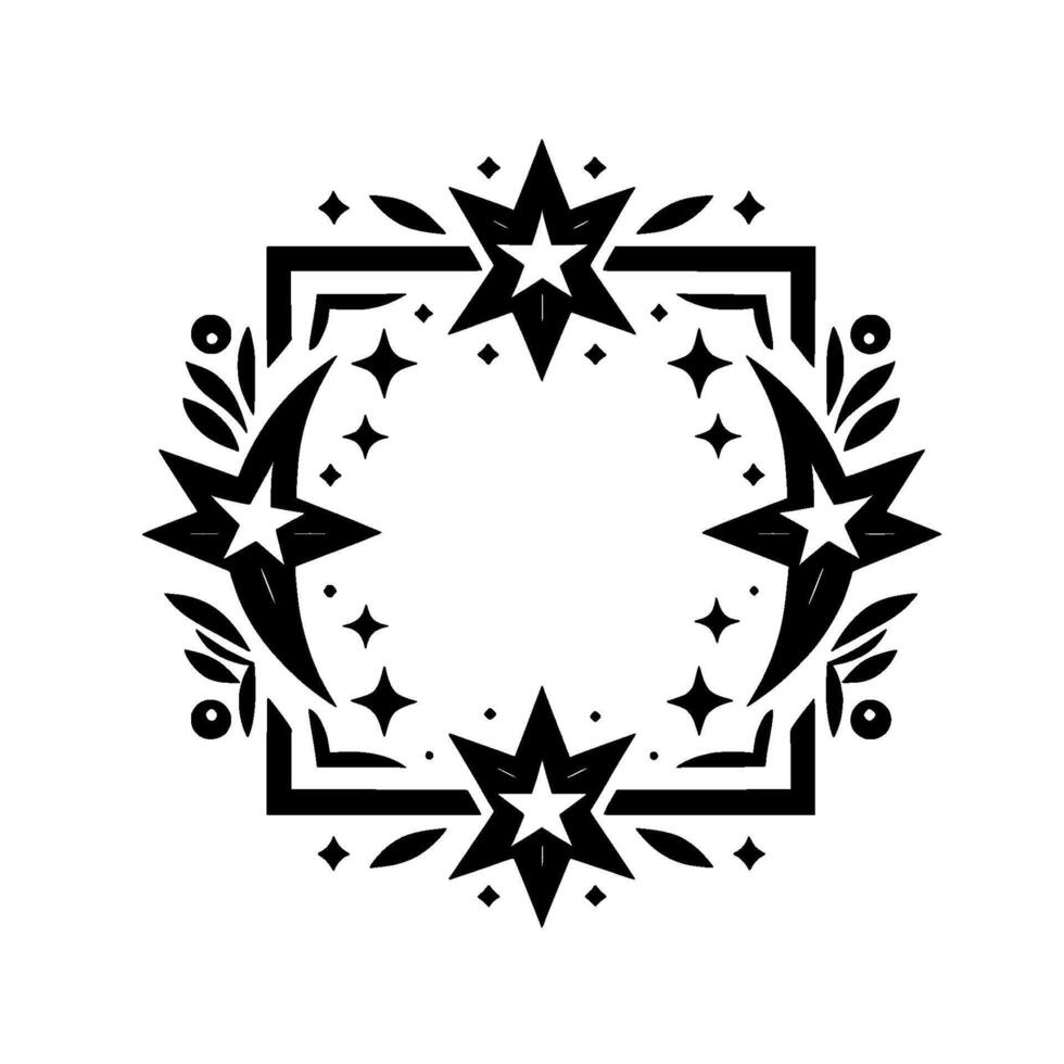 Black and white geometric starry celestial wreath with botanical accents and square frame, perfect for decoration or logos. vector