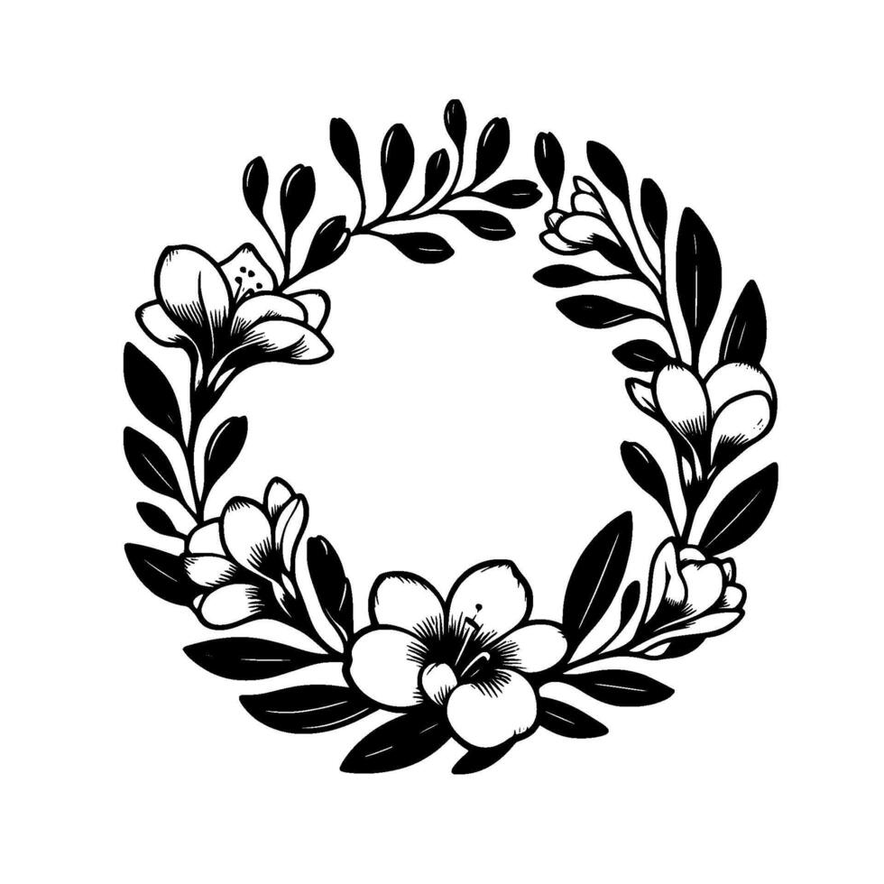Elegant black and white floral wreath a botanical with magnolialike blossoms and leafy branches. vector