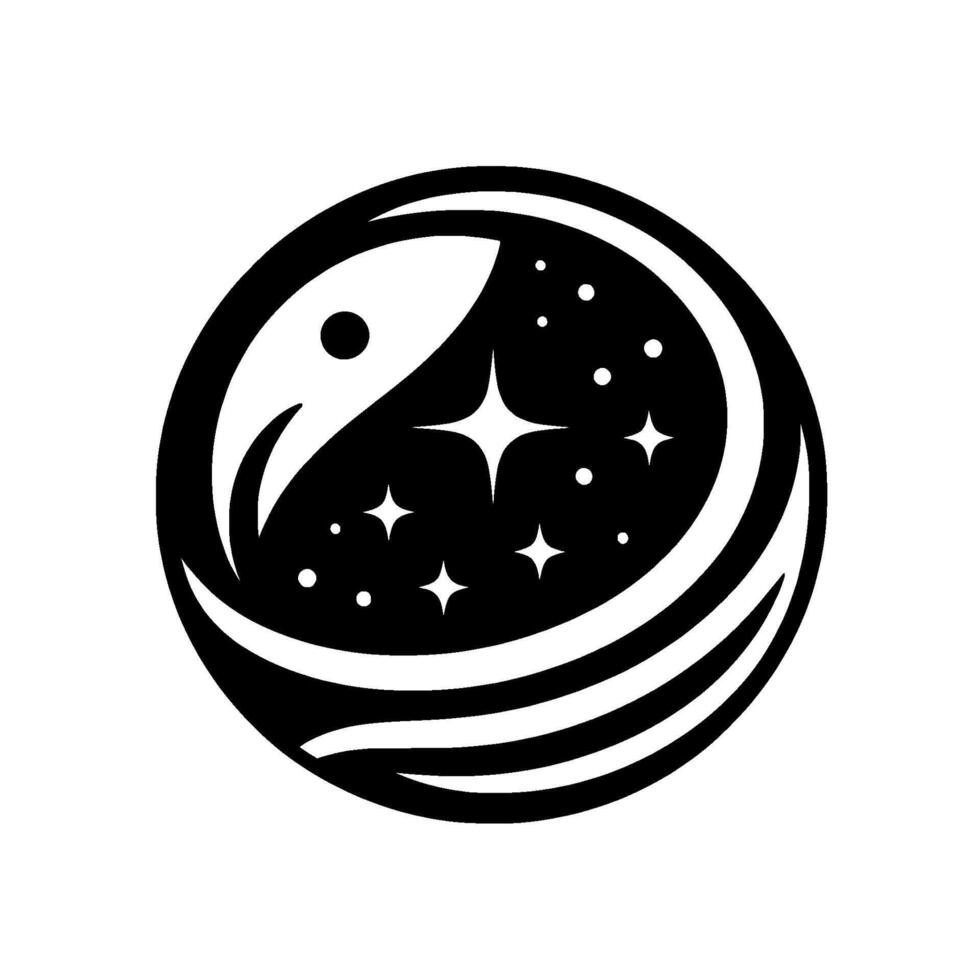 Minimalist circular logo rocket amidst a starry night, black and white design. vector