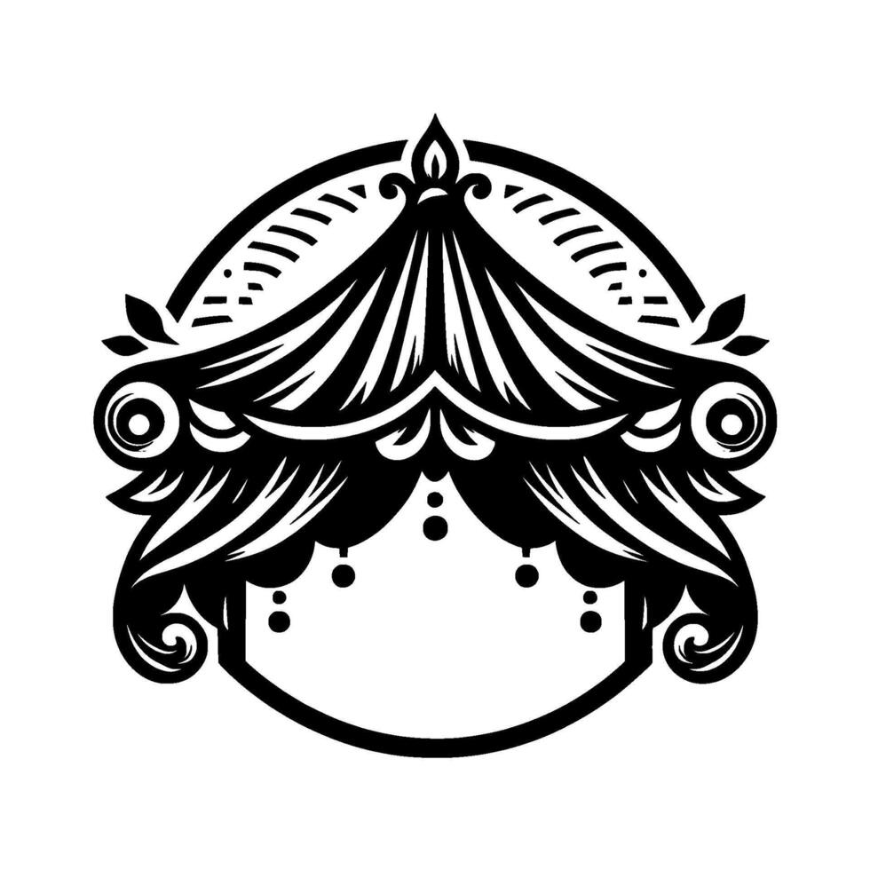 Intricate black and white decorative tent with ornamental details, leaves, and draped canopy within a circle. vector