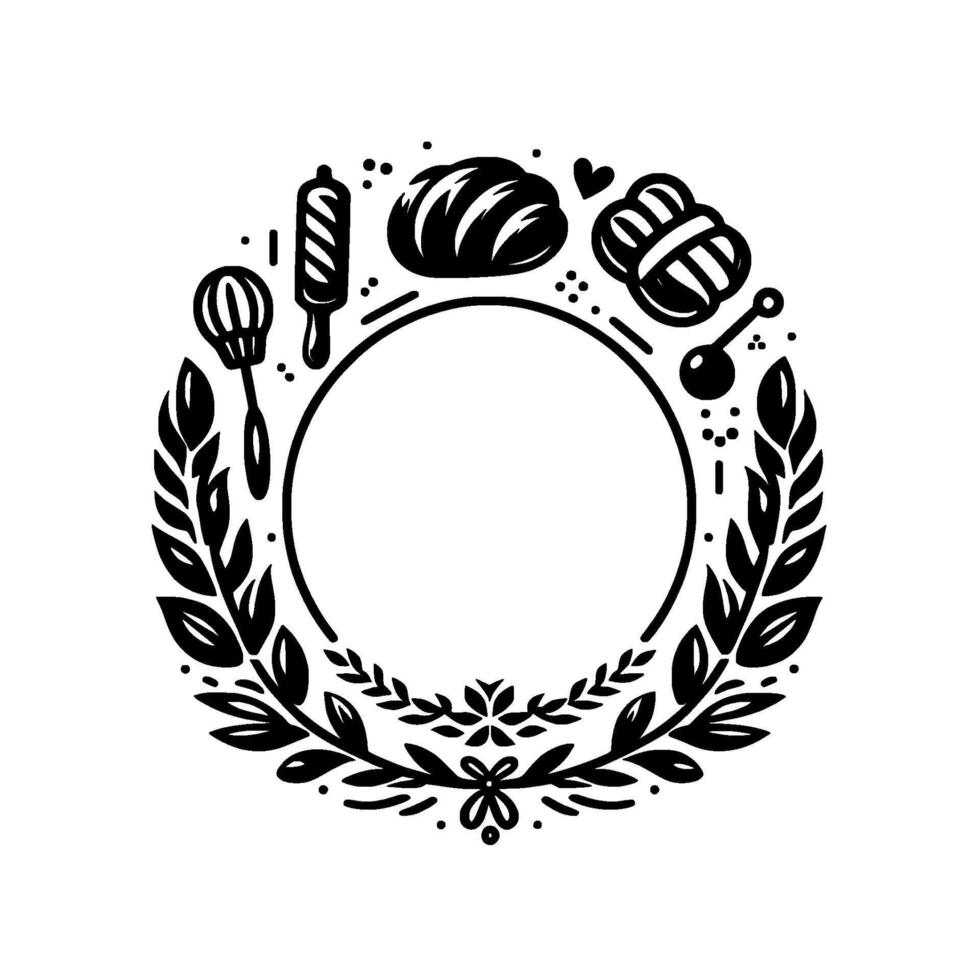 Circular baking emblem in black and white a wreath of leaves surrounds a blank circle, adorned with baking tools and pastries. vector