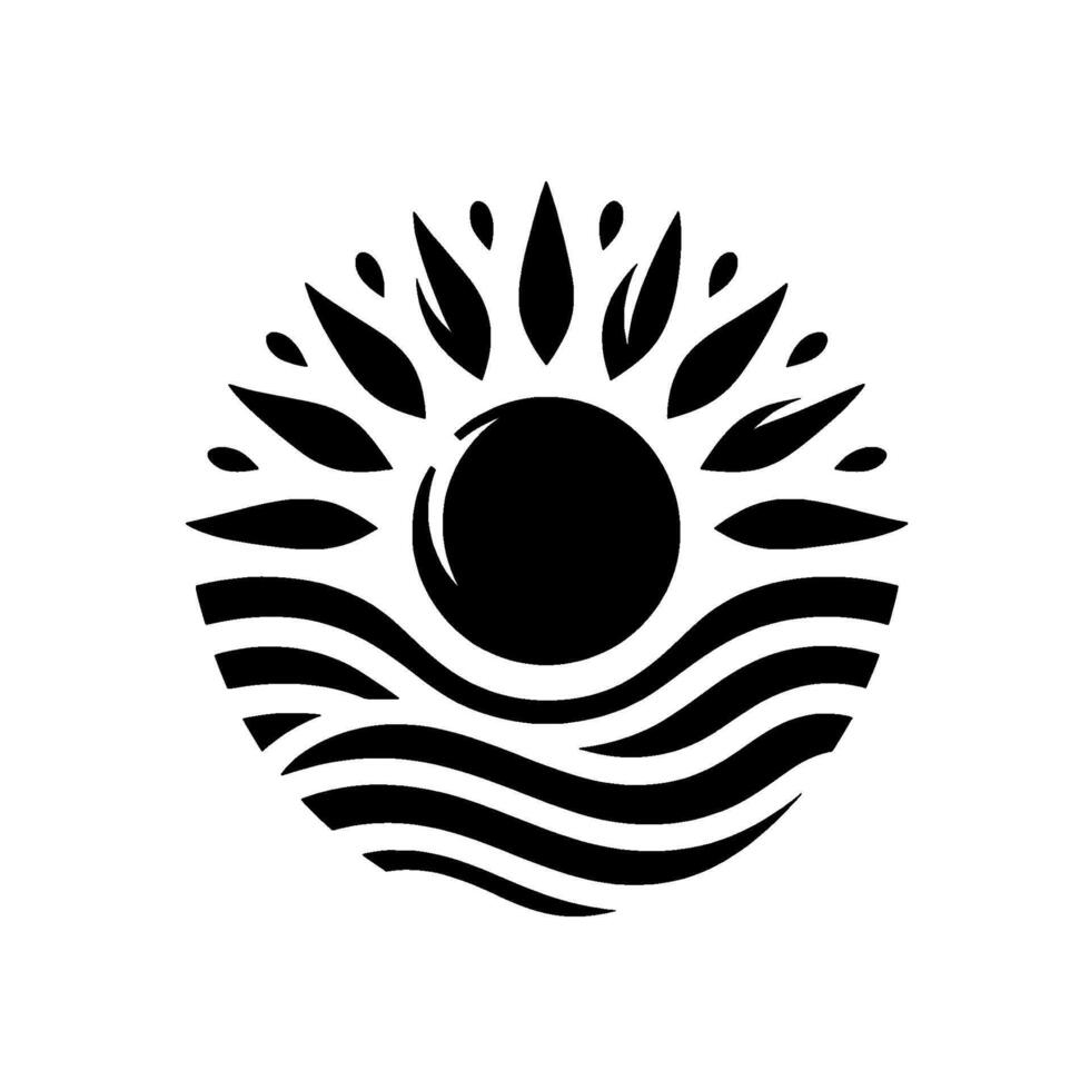 Black and white sun and sea logo circular with stylized sun rising over ocean waves, leaves and minimalist aesthetic. vector